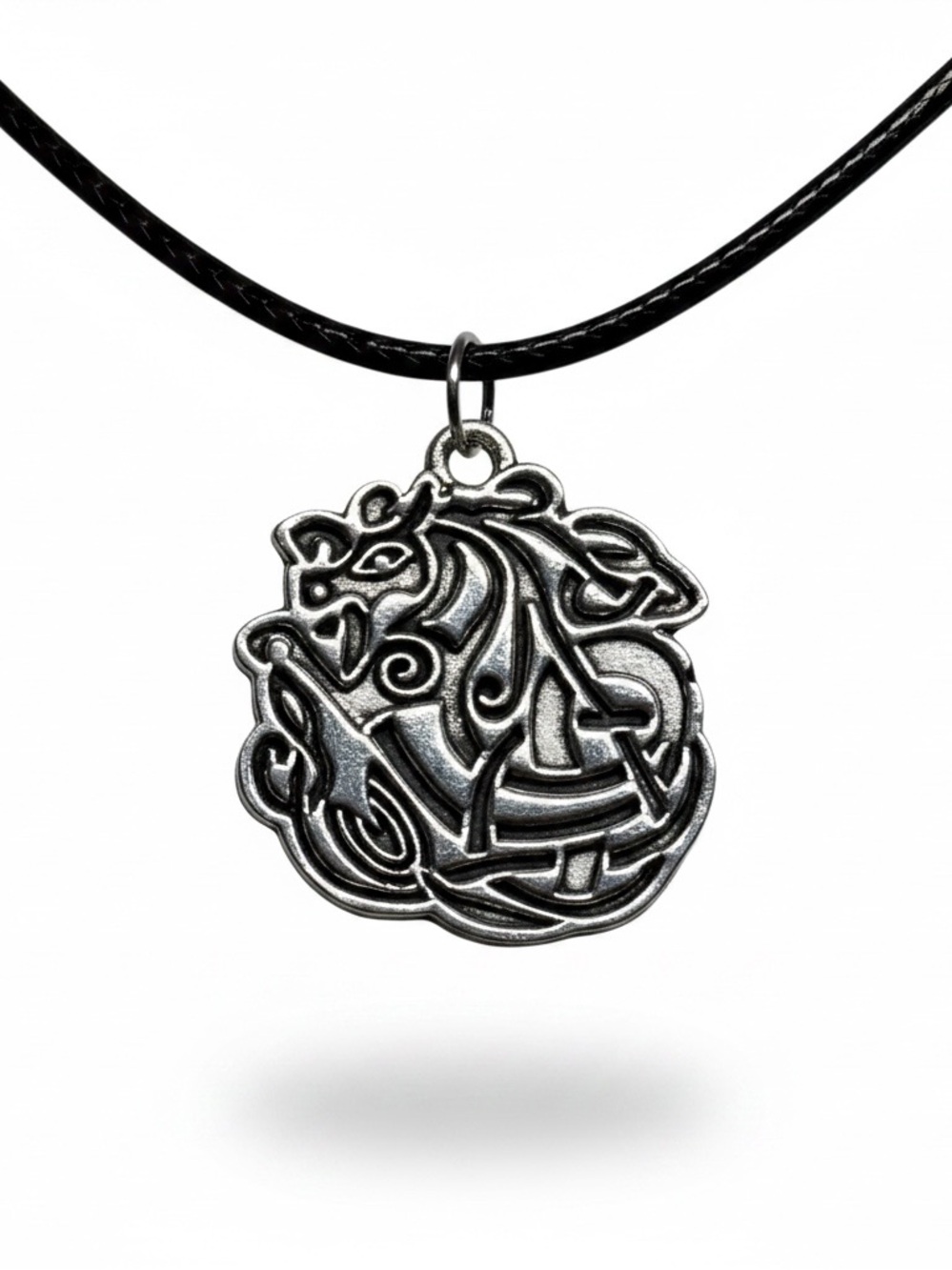 Handmade Silver Celtic Wolf Pendant adjustable black cord Necklace